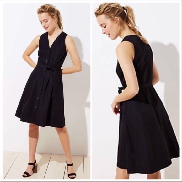 Loft black button down tank top v neck midi dress with tie waist - Picture 1 of 5